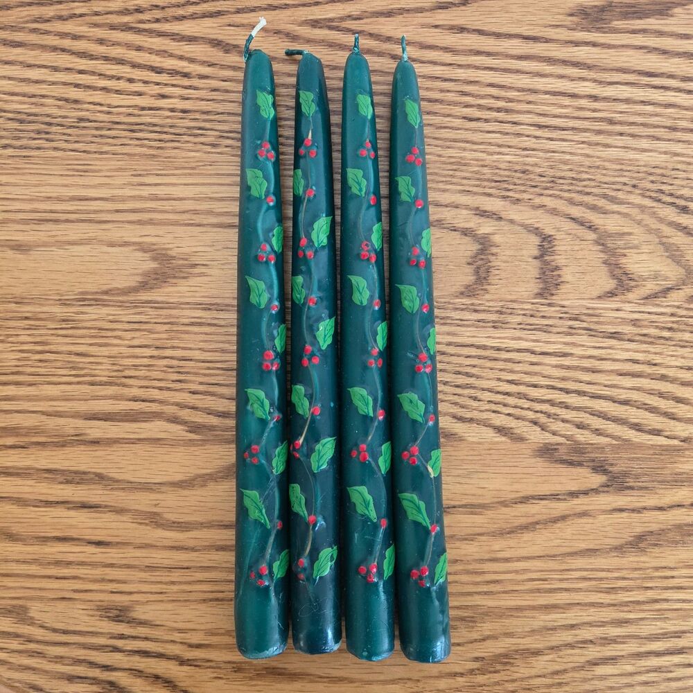 VTG Tag Hand Painted Christmas Holly Berry Green Taper Candles 12" Set of 4